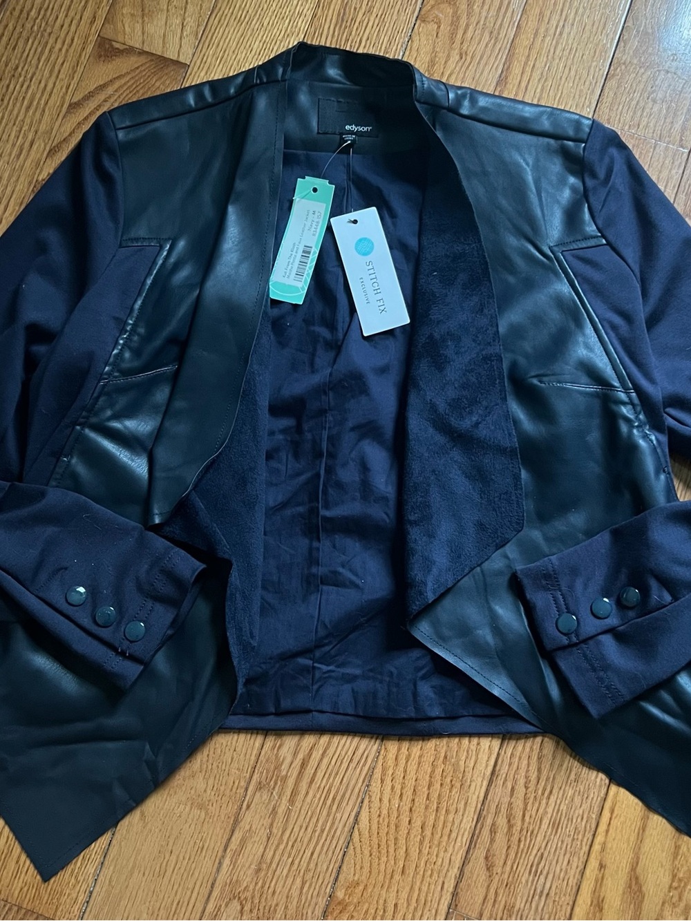 Stitch Fix Navy Mixed-Media Blazer with Faux Leather Trim